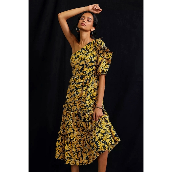 Farm Rio x Anthropologie Banana One-Shoulder Ruffle Tiered Midi Dress - Picture 1 of 11